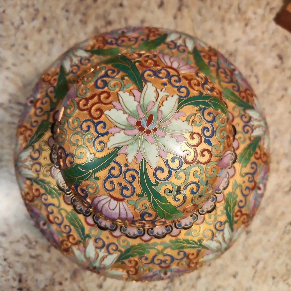 Hand-Painted Floral Cloisonné Ginger Jar - Gold and Green